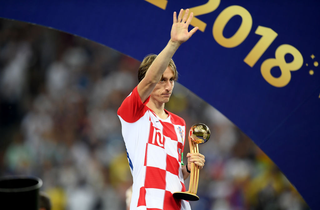 MOSCOW, RUSSIA - JULY 15:  Luka Modric of Croatia poses with his Golden Ball award after the 2018 FIFA World Cup Final between France and Croatia at Luzhniki Stadium on July 15, 2018 in Moscow, Russia.  (Photo by Matthias Hangst/Getty Images)